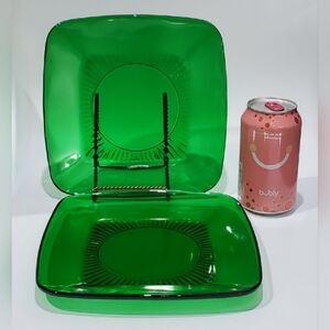 (2) 1950s Charm 8 1/4" Green Glass Square Luncheon Plates by Anchor Hocking
